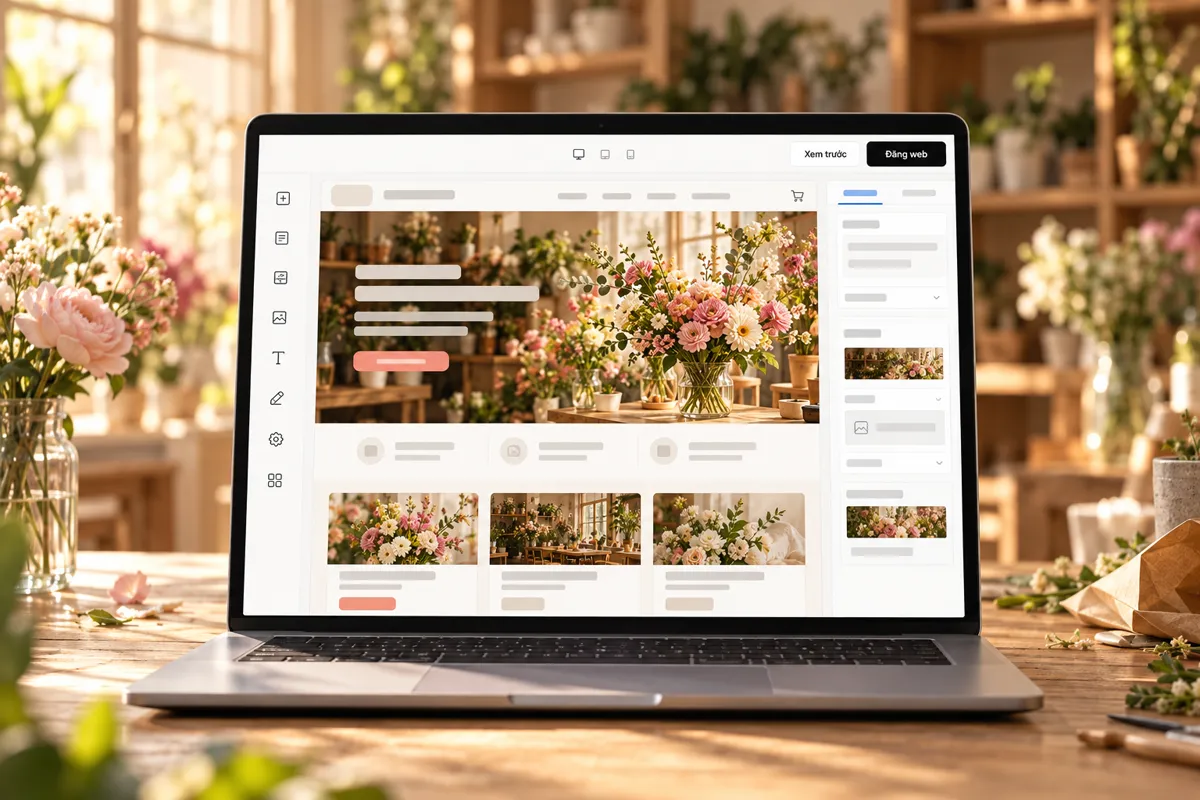 Minh hoạ: máy tính xách tay trên bàn gỗ trong shop hoa, màn hình hiện trình sửa web có nút Xem trước và Đăng web