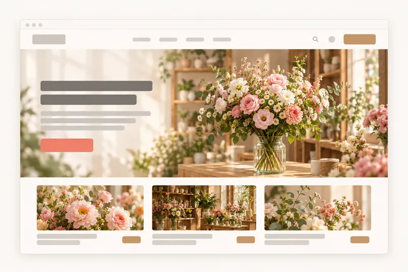 Minh hoạ mẫu web shop hoa: ảnh bó hoa tươi trên kệ gỗ