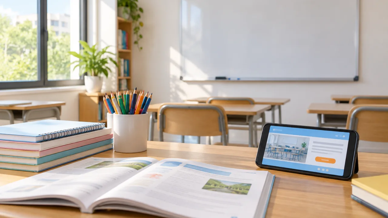 Bàn học có vở, bút màu, sách mở cạnh điện thoại đang mở web lớp học, phía sau là bảng trắng