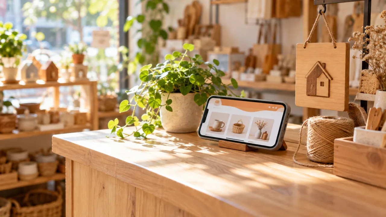 Điện thoại trên quầy gỗ của shop nhỏ đang mở web của shop, cạnh chậu cây và cuộn dây gai