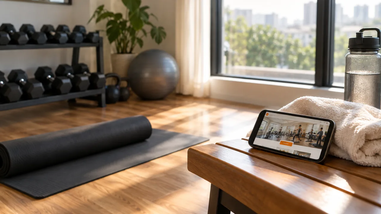 Góc phòng tập sáng với giá tạ đơn, thảm yoga và điện thoại trên băng ghế đang mở web của phòng tập