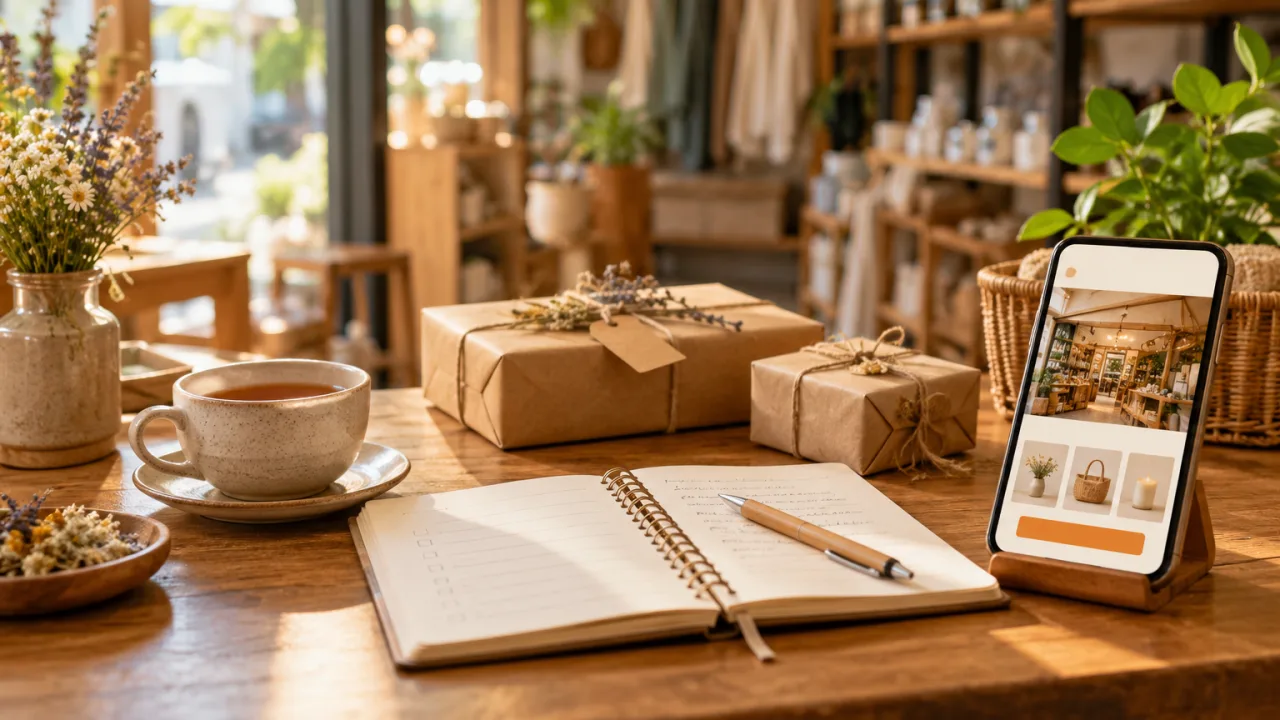 Quầy gỗ của một cửa hàng nhỏ có sổ tay, tách trà, hộp quà gói giấy kraft và điện thoại đang mở web của shop