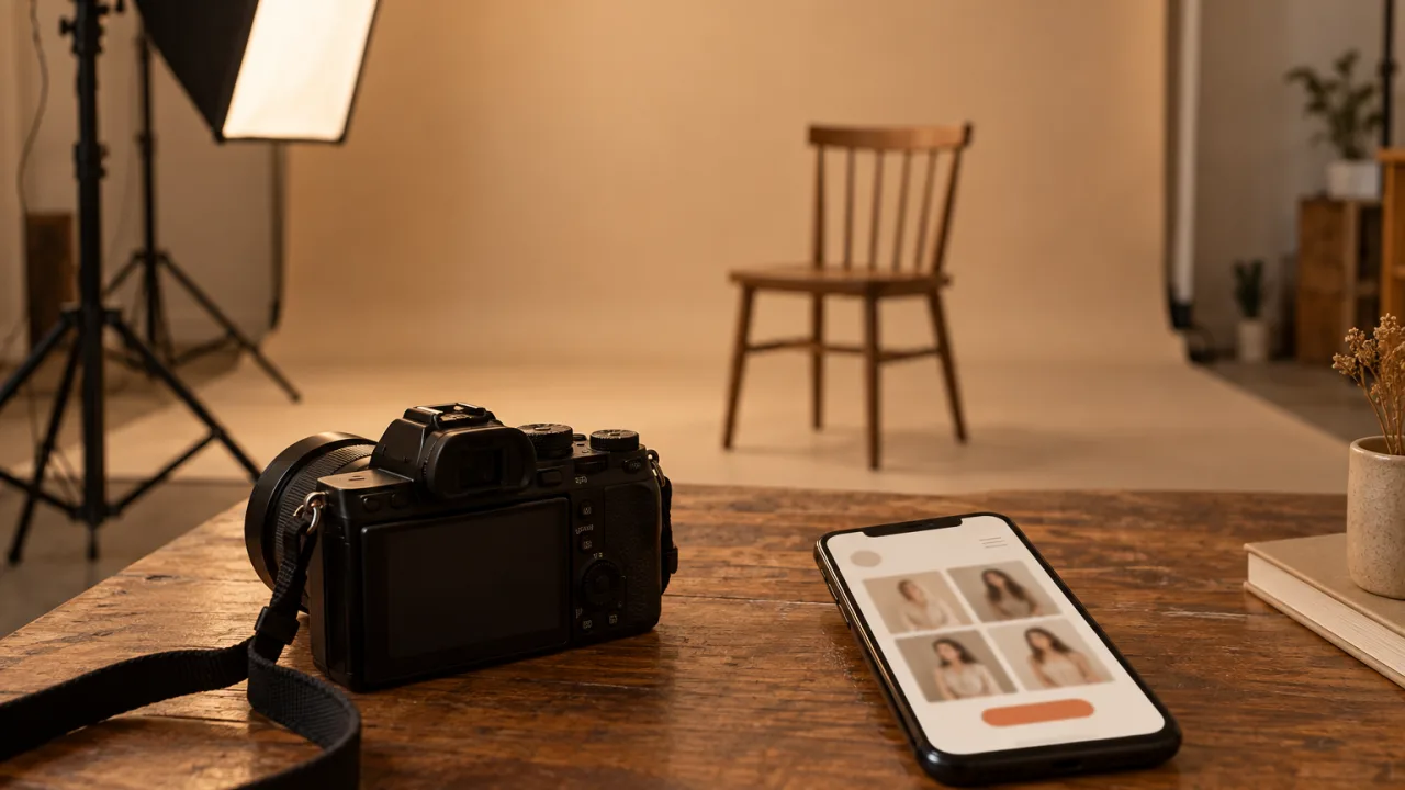 Góc studio có phông nền be, đèn softbox, máy ảnh cạnh điện thoại đang mở web studio