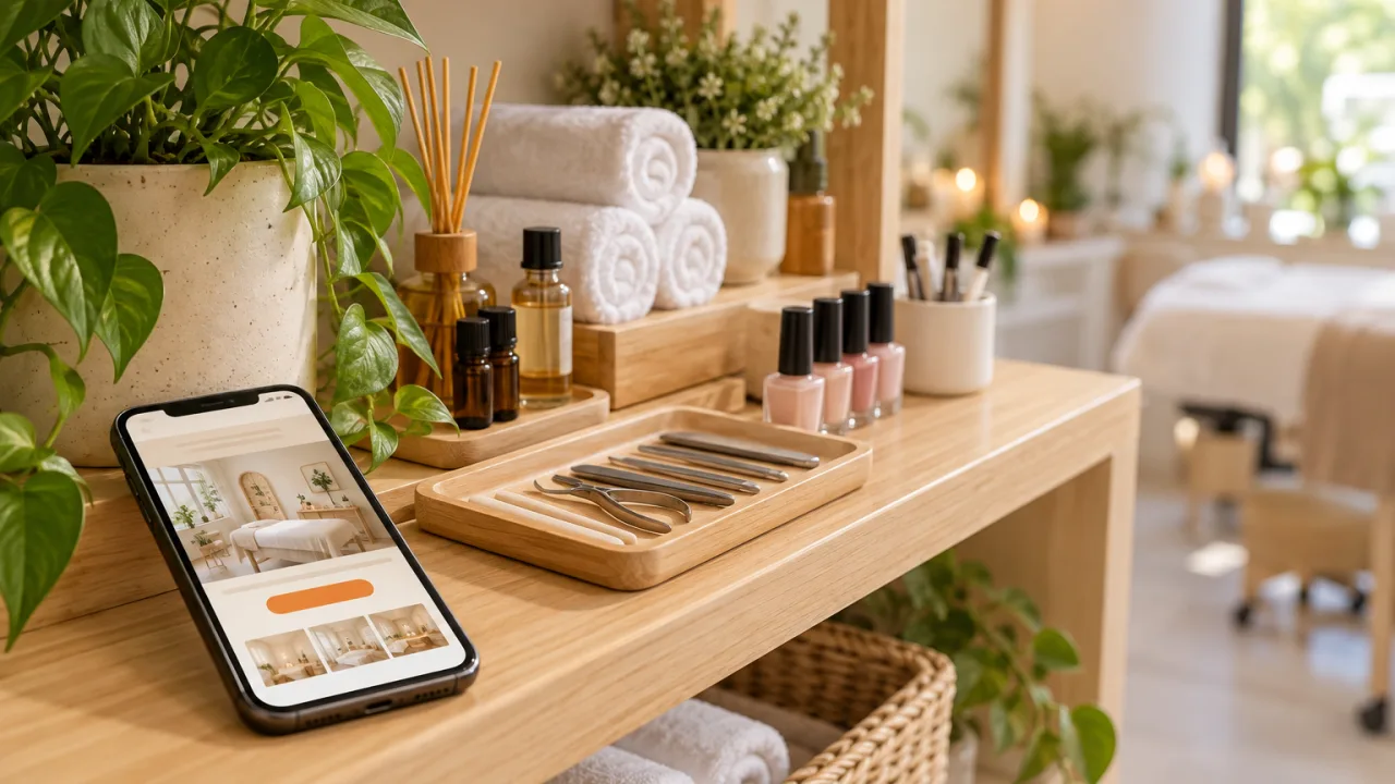 Kệ gỗ trong tiệm spa có khăn trắng cuộn, chậu cây, lọ tinh dầu và điện thoại mở web của tiệm