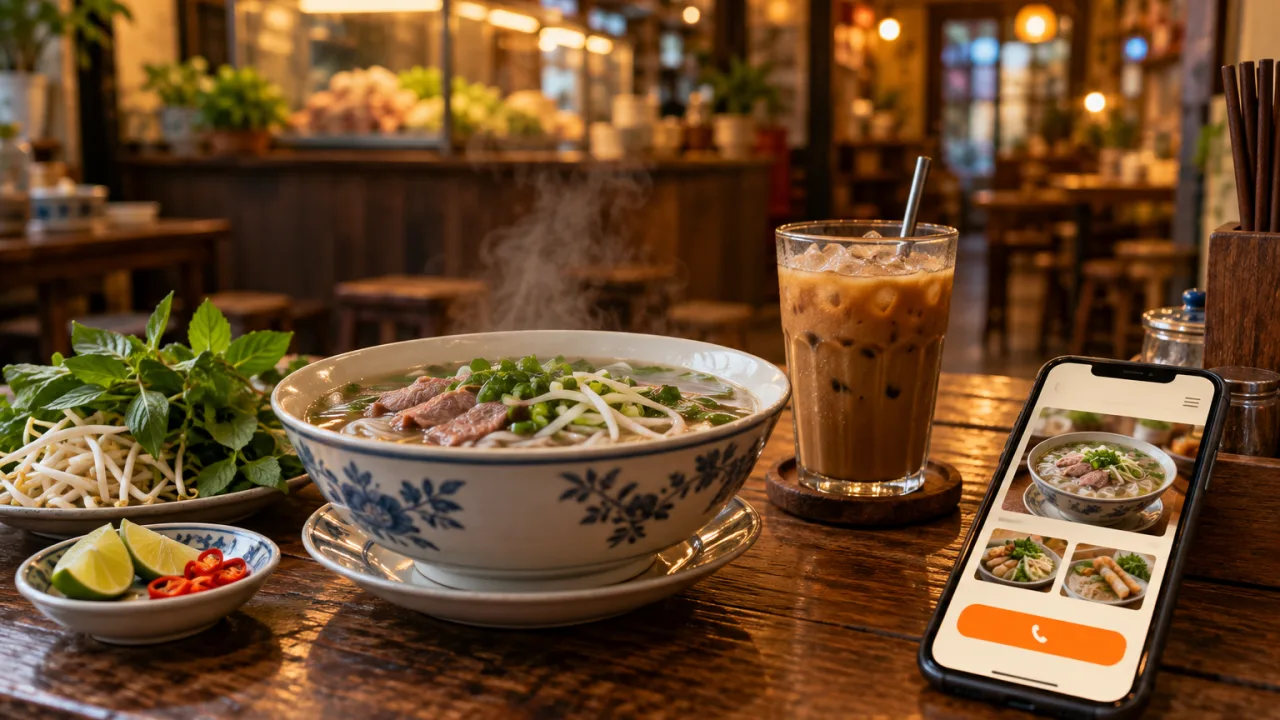 Tô phở bò, đĩa rau thơm và ly cà phê sữa đá trên bàn gỗ quán ăn, cạnh điện thoại mở web của quán