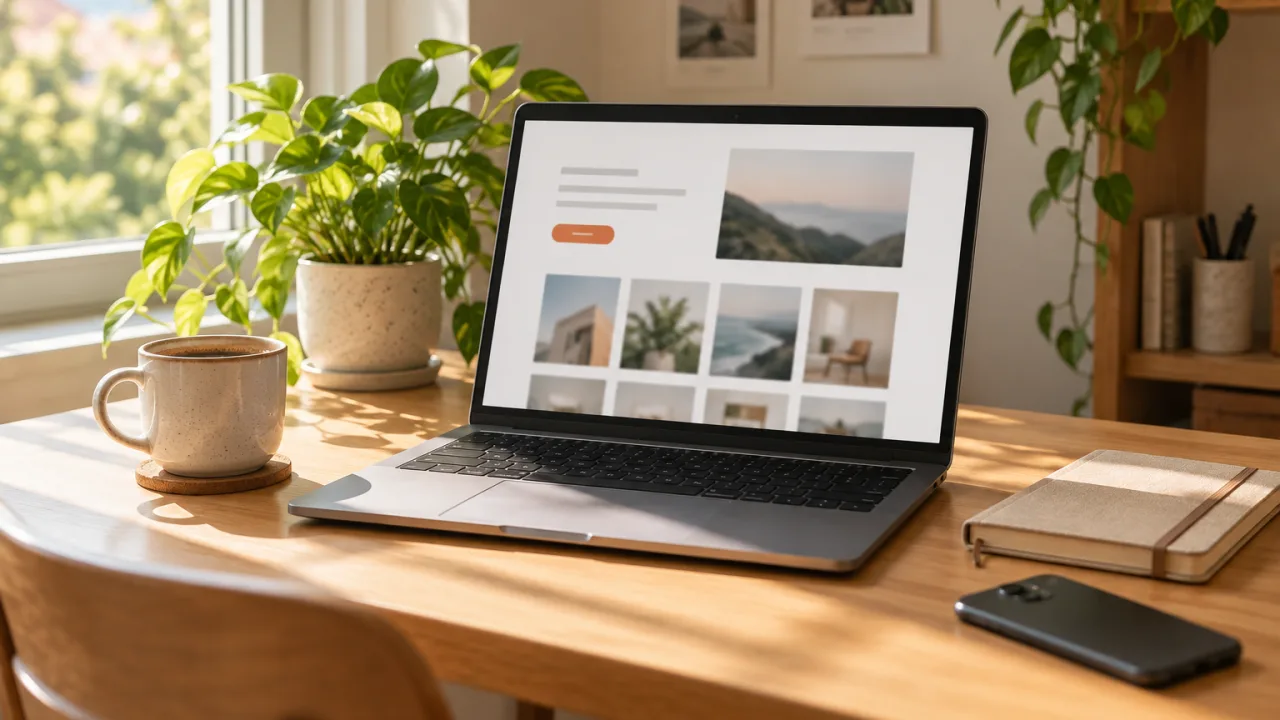 Bàn làm việc tại nhà có laptop mở web giới thiệu cá nhân, cốc cà phê, sổ tay và chậu cây