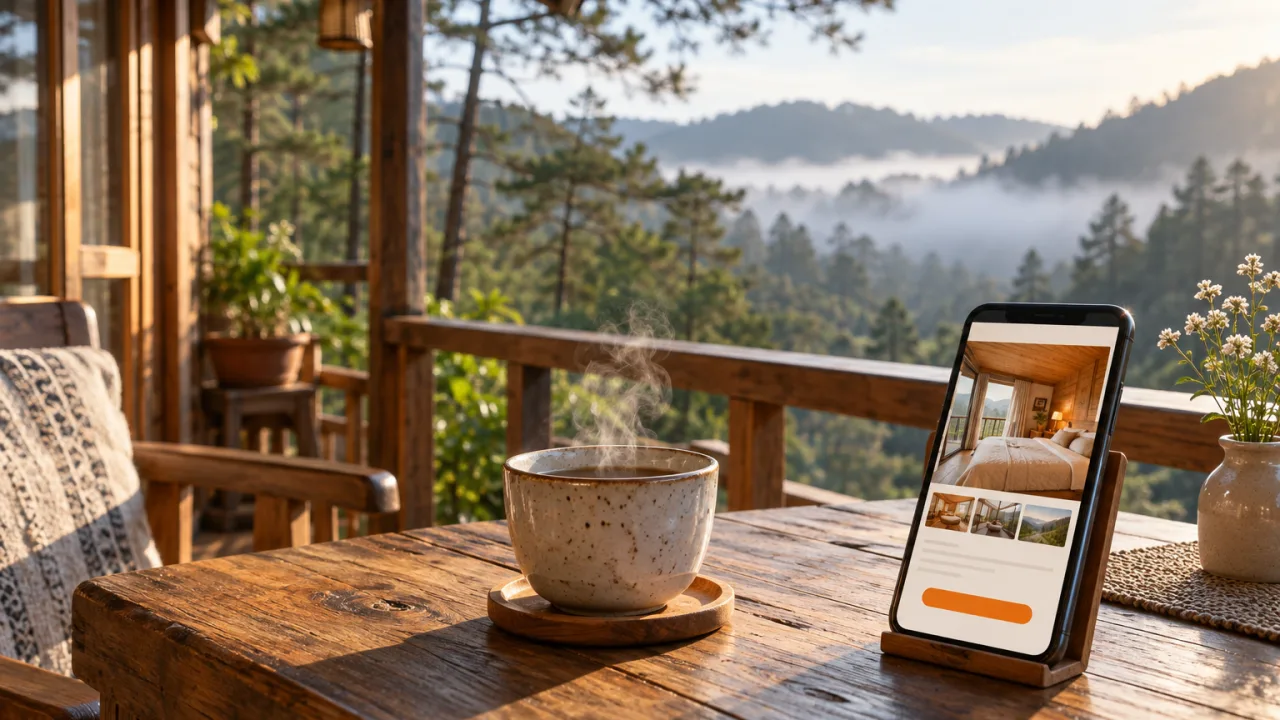 Hiên gỗ homestay nhìn ra đồi thông, tách trà cạnh điện thoại đang mở web homestay