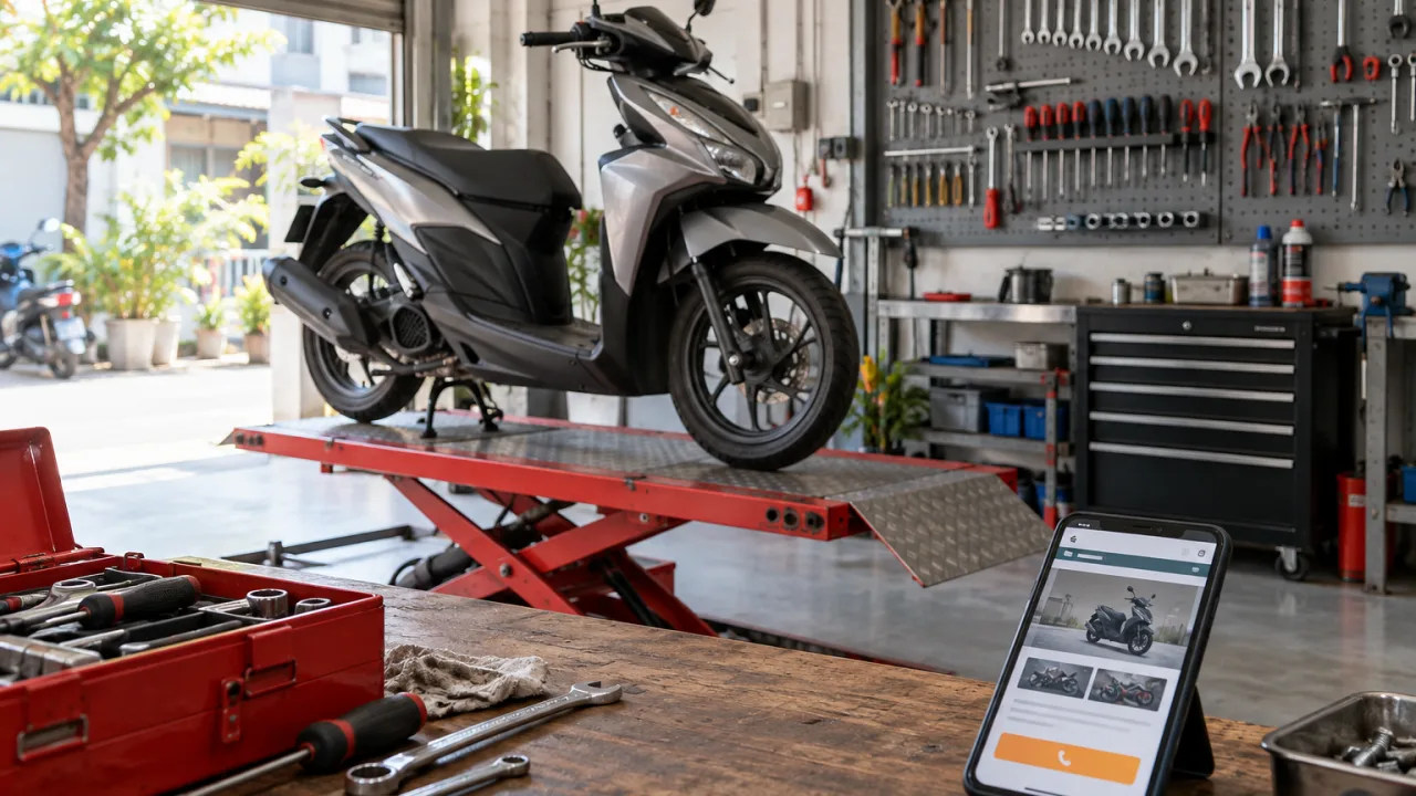 Xe máy tay ga trên bàn nâng trong garage gọn gàng, cạnh hộp dụng cụ và điện thoại mở web garage