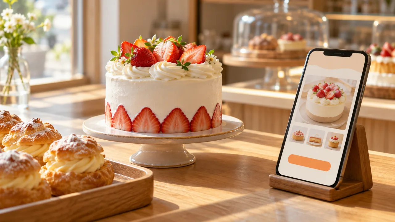 Bánh kem trắng trang trí dâu tây trên quầy gỗ cạnh điện thoại đang mở web tiệm bánh