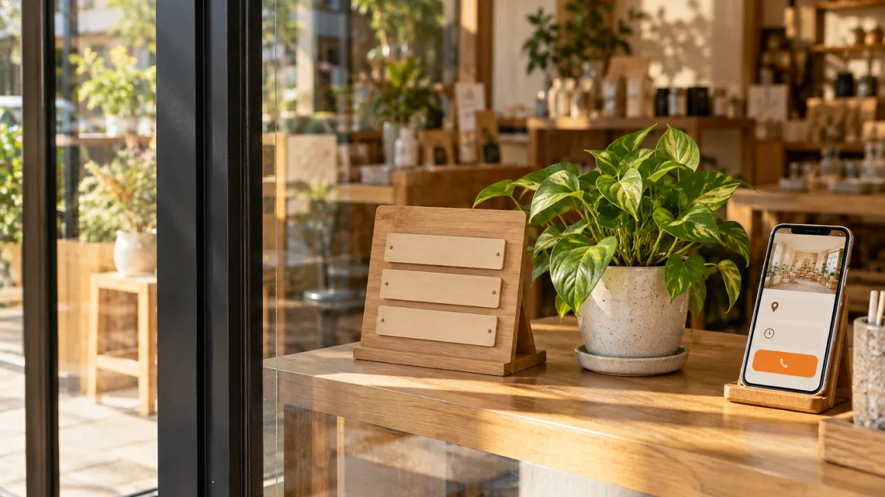 Quầy gỗ cửa hàng nhỏ có bảng giờ mở cửa, chậu cây và điện thoại mở web shop có nút gọi màu cam