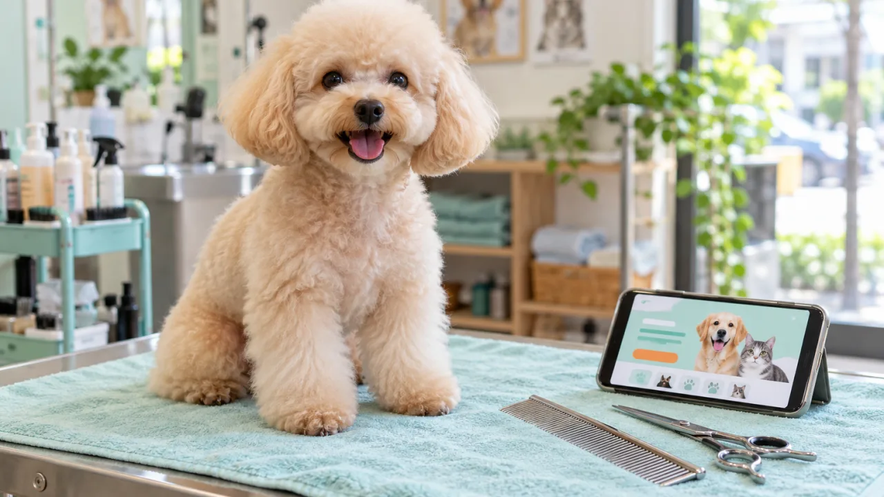 Chó poodle nhỏ vừa tắm sấy trên bàn cắt tỉa cạnh điện thoại đang mở web tiệm thú cưng