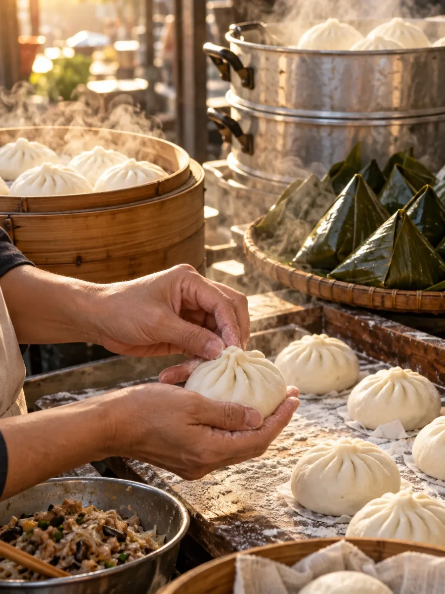 Bàn tay gấp mép nặn bánh bao