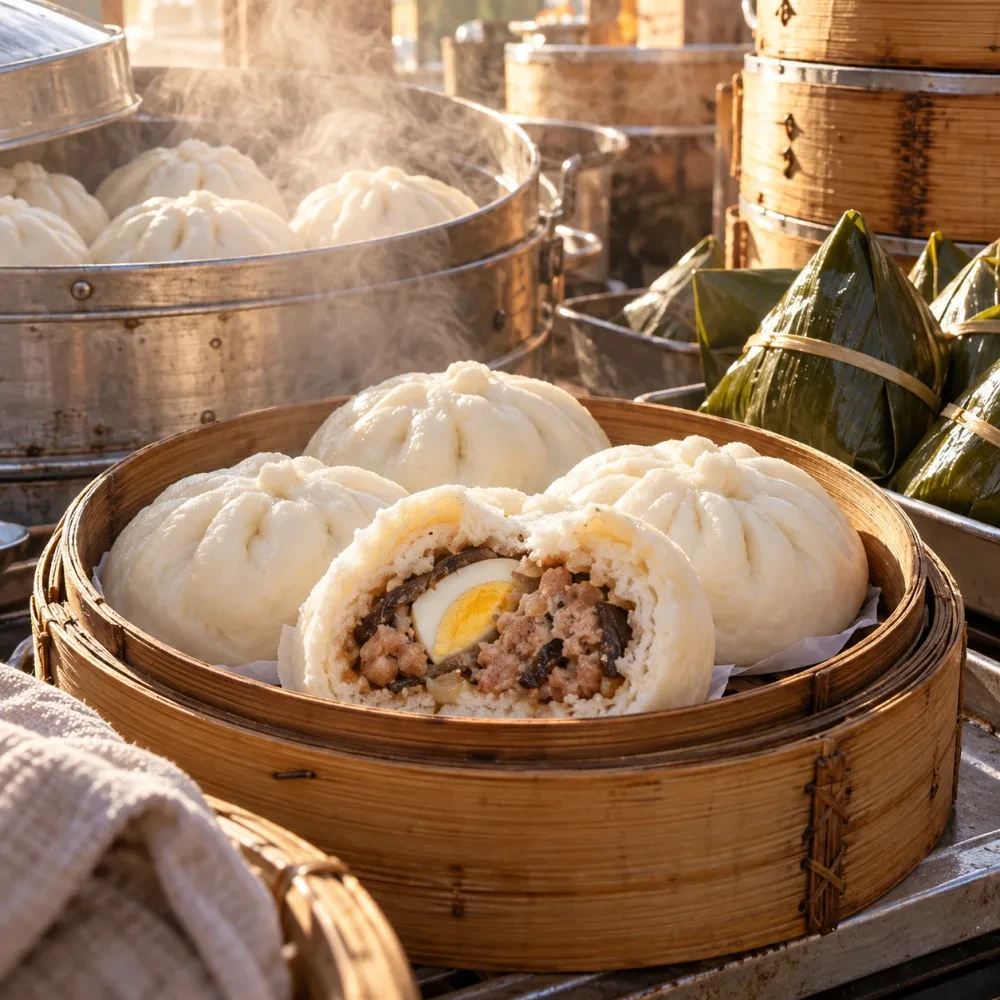 Bánh bao cắt đôi thấy nhân thịt, trứng và nấm