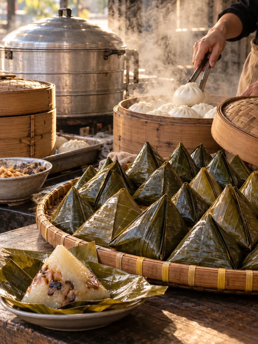 Bánh giò gói lá chuối hình chóp xếp trên khay