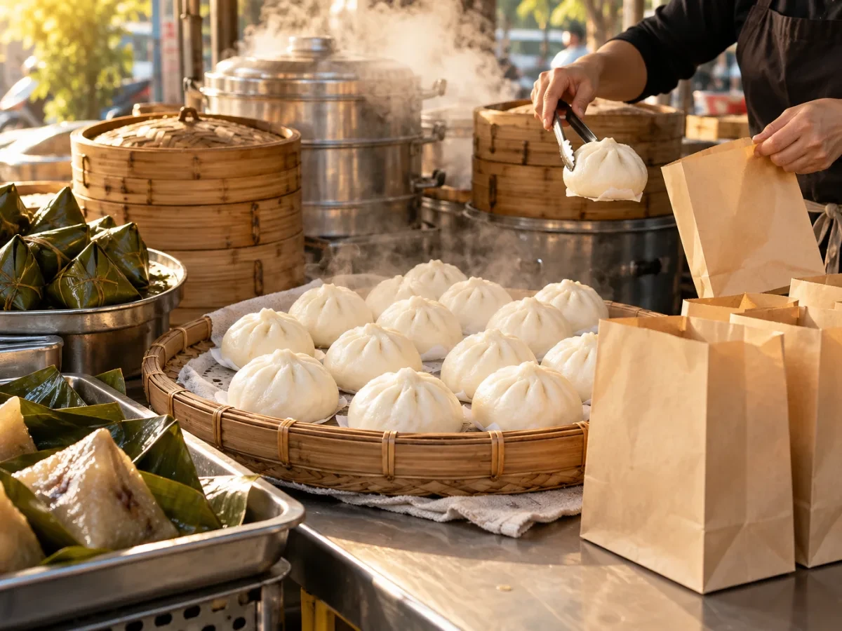 Túi giấy trơn và khay bánh bao chờ mang đi