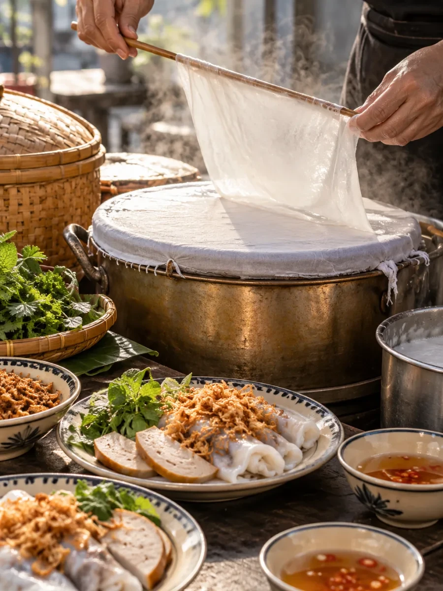 Đôi tay dùng que tre nhấc lá bánh mỏng khỏi nồi tráng