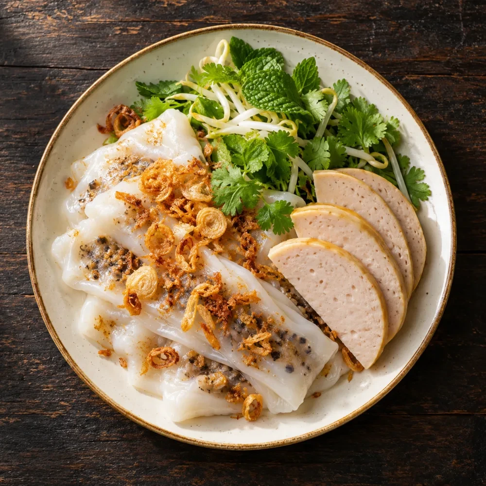 Bánh ướt cuộn với rau thơm và chả lụa nhìn từ trên xuống