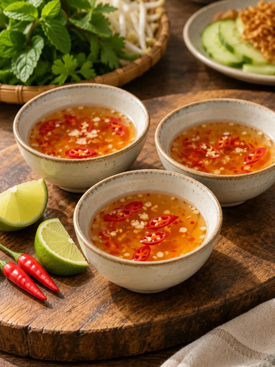 Những bát nước chấm có ớt và chanh