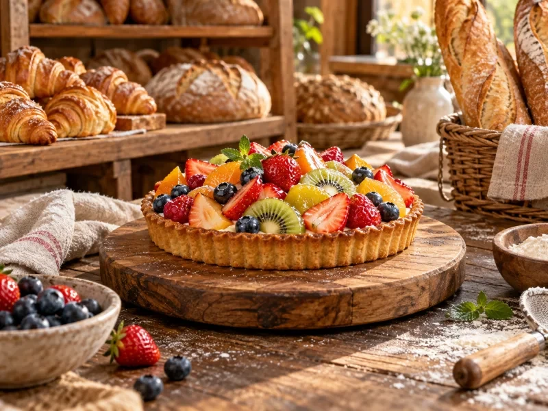 Bánh tart trái cây trên thớt gỗ