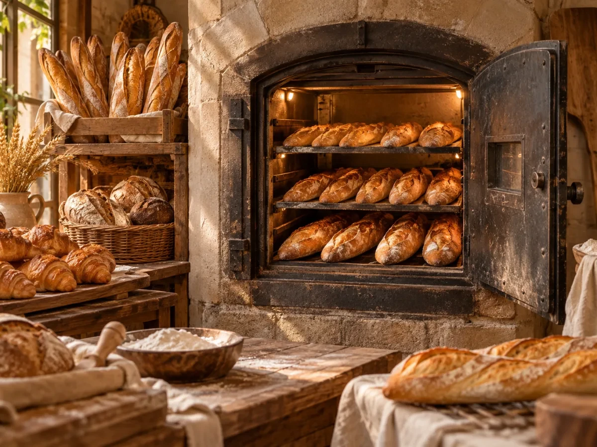 Cửa lò mở với baguette bên trong