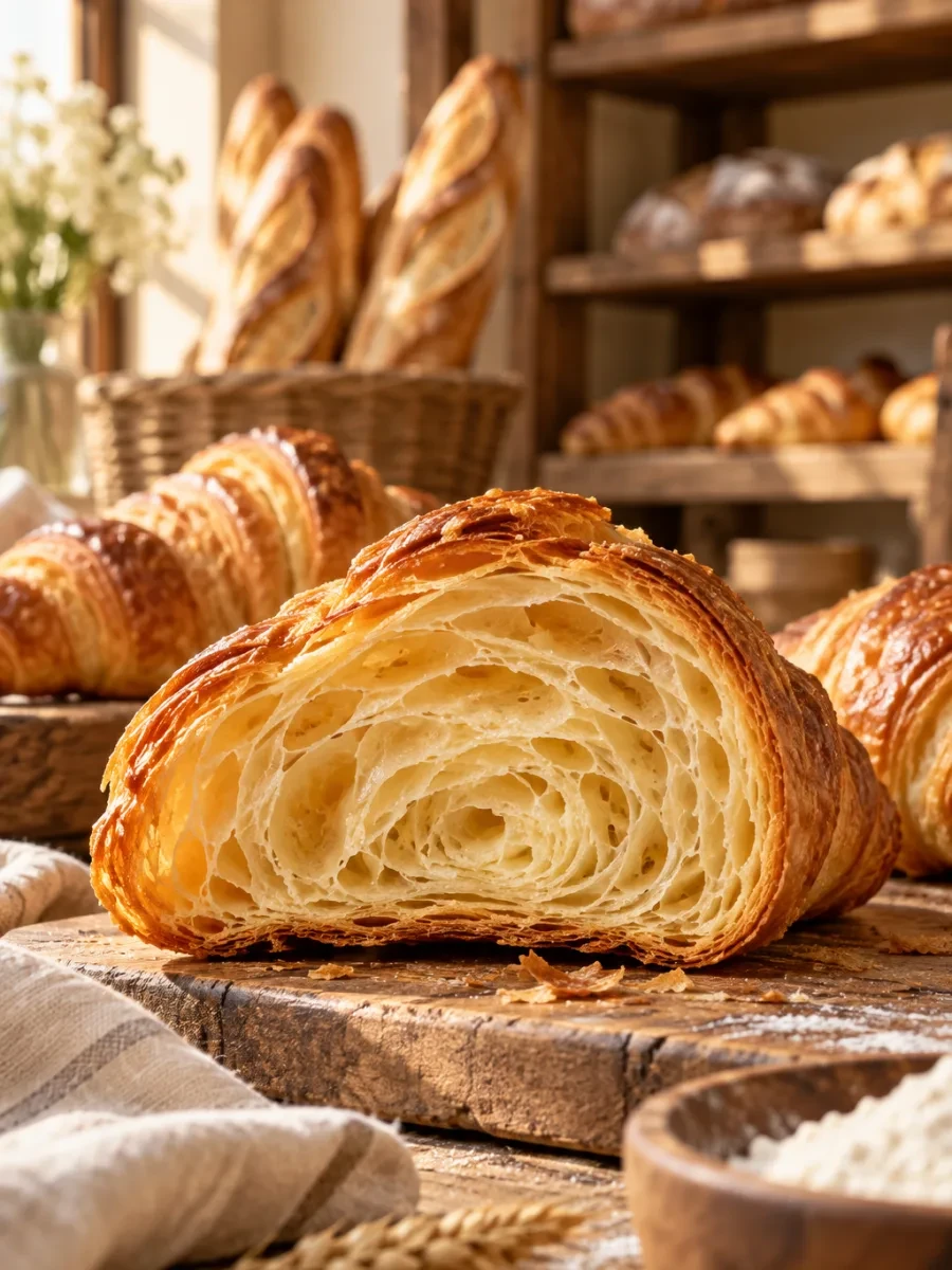Mặt cắt croissant thấy các lớp bánh
