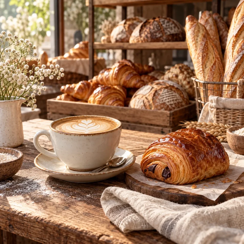 Tách cà phê cạnh bánh pain au chocolat