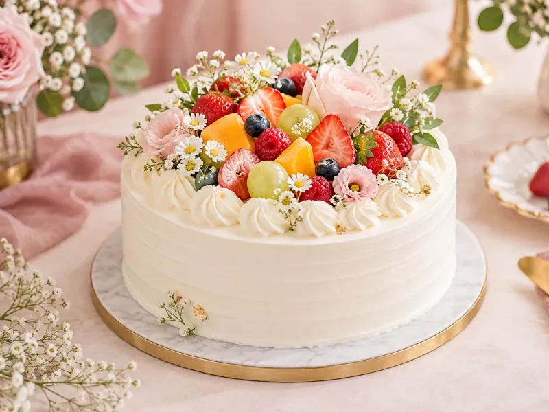 Bánh kem trắng tròn có trái cây trên mặt