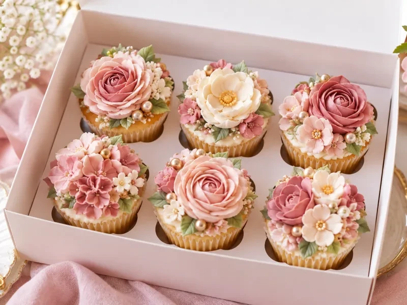 Hộp sáu bánh cupcake kem bơ tạo hình hoa