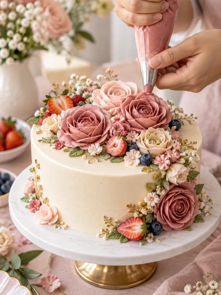 Bàn tay bắt kem hoa hồng lên bánh