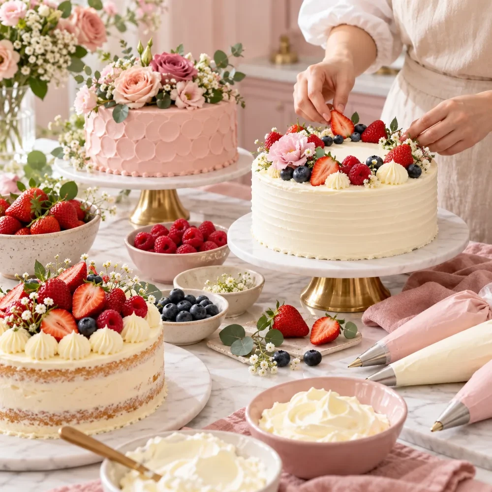 Bàn tay xếp dâu lên bánh cạnh bát kem và trái cây