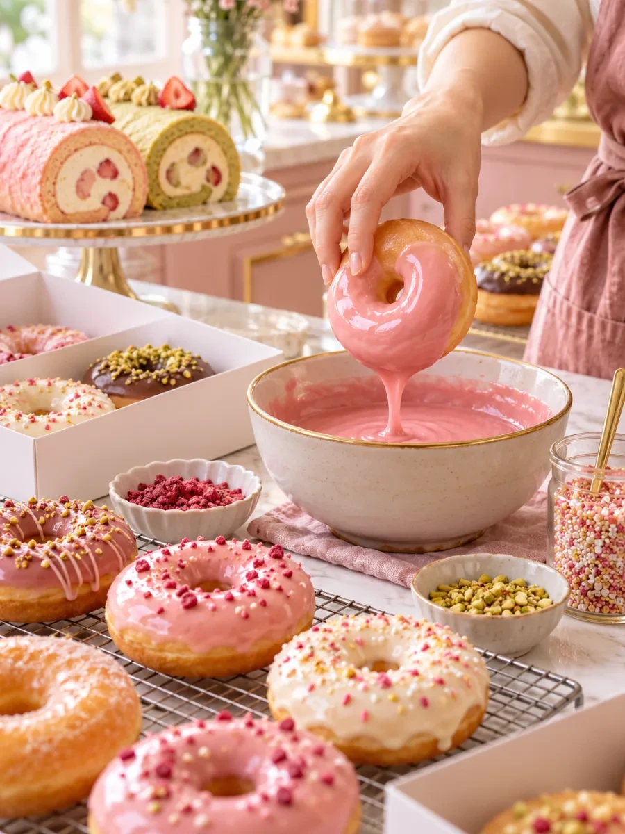 Bàn tay nhúng donut vào men hồng