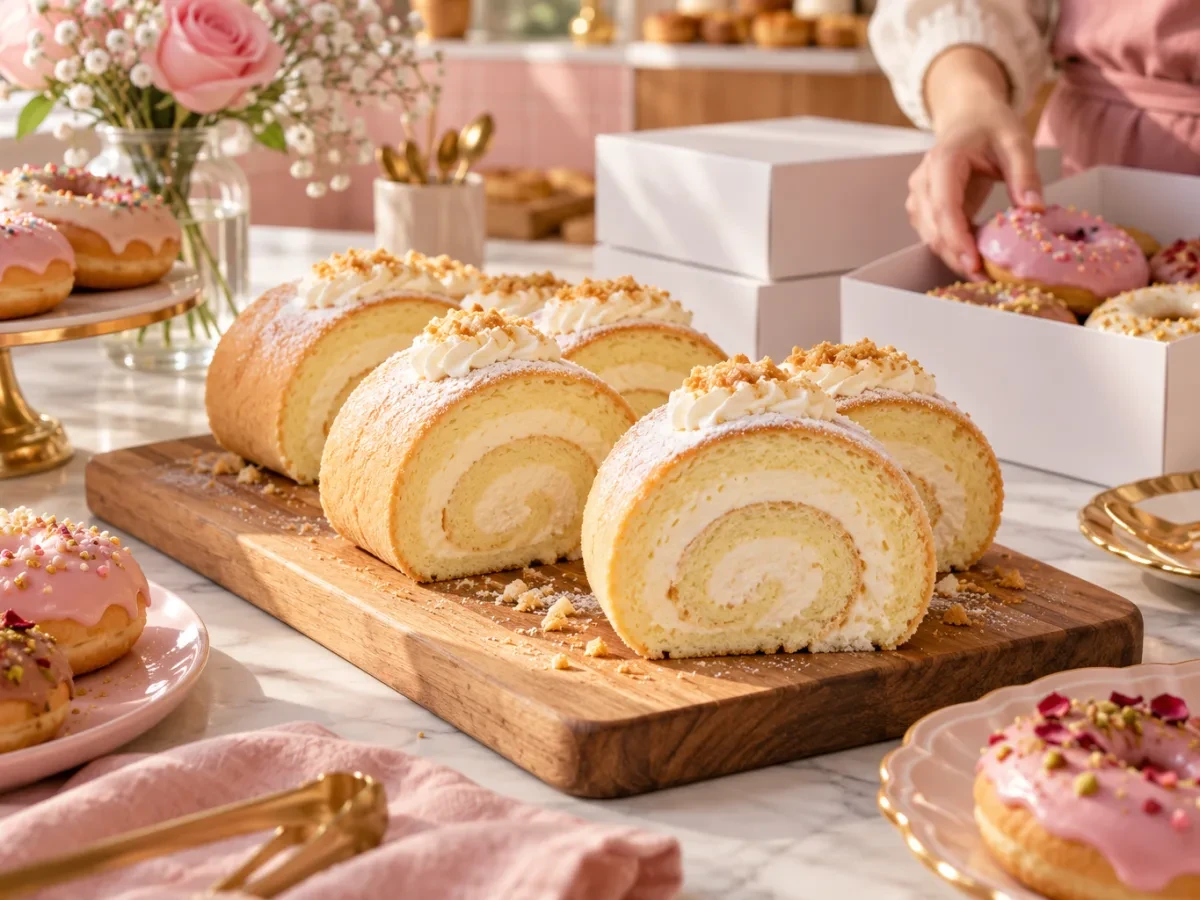 Bánh cuộn kem cắt khúc trên thớt gỗ