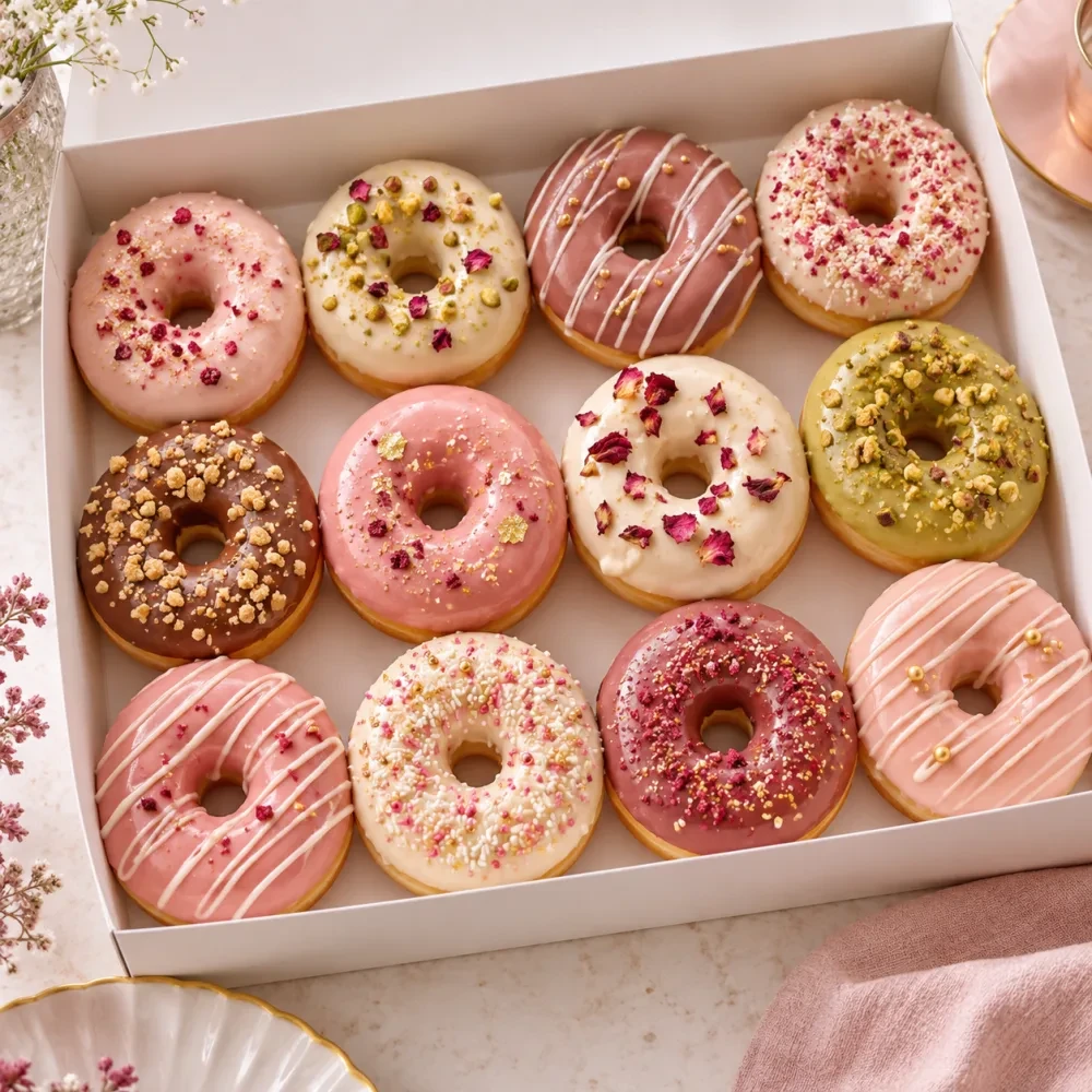 Hộp trắng trơn mở có mười hai chiếc donut nhìn từ trên xuống