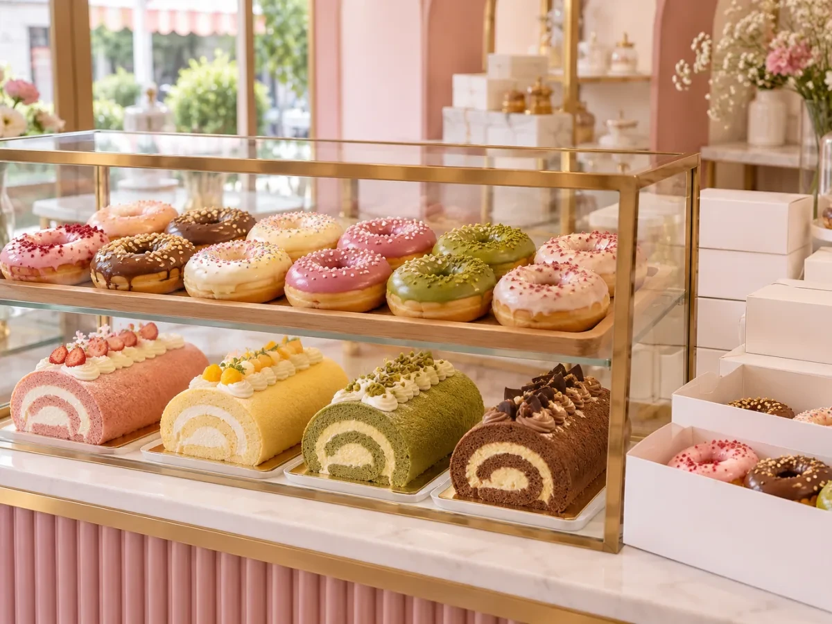 Quầy bánh nhỏ màu pastel có tủ trưng donut