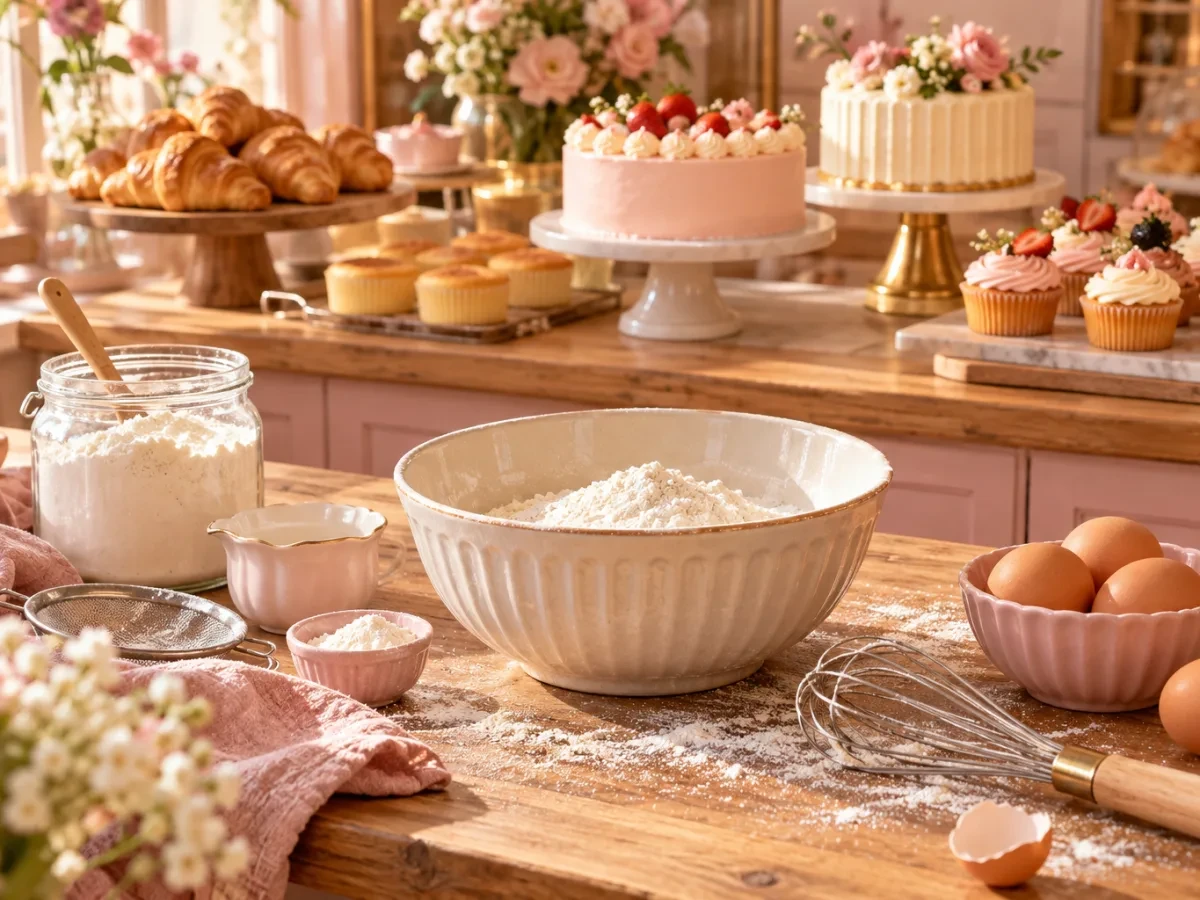 Bột, trứng, phới và tô trộn trên bàn gỗ