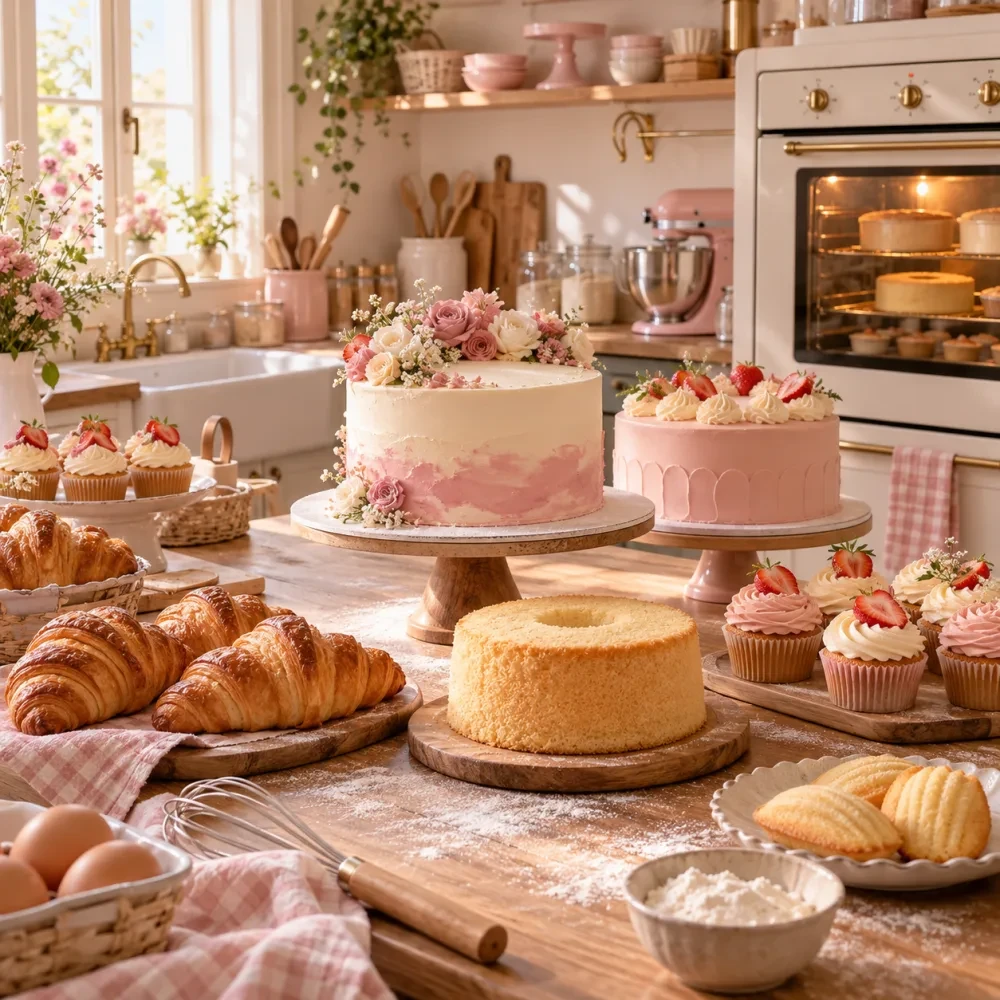 Bếp bánh nhỏ với lò nướng và kệ dụng cụ