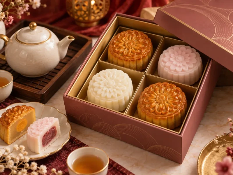 Hộp quà mở có bốn bánh và ấm trà nhỏ