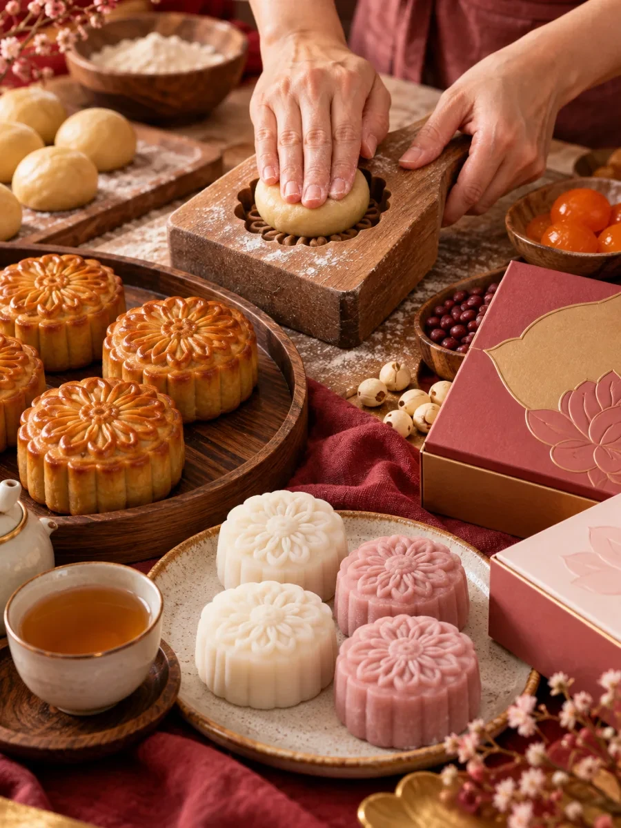 Bàn tay nén bột vào khuôn bánh gỗ