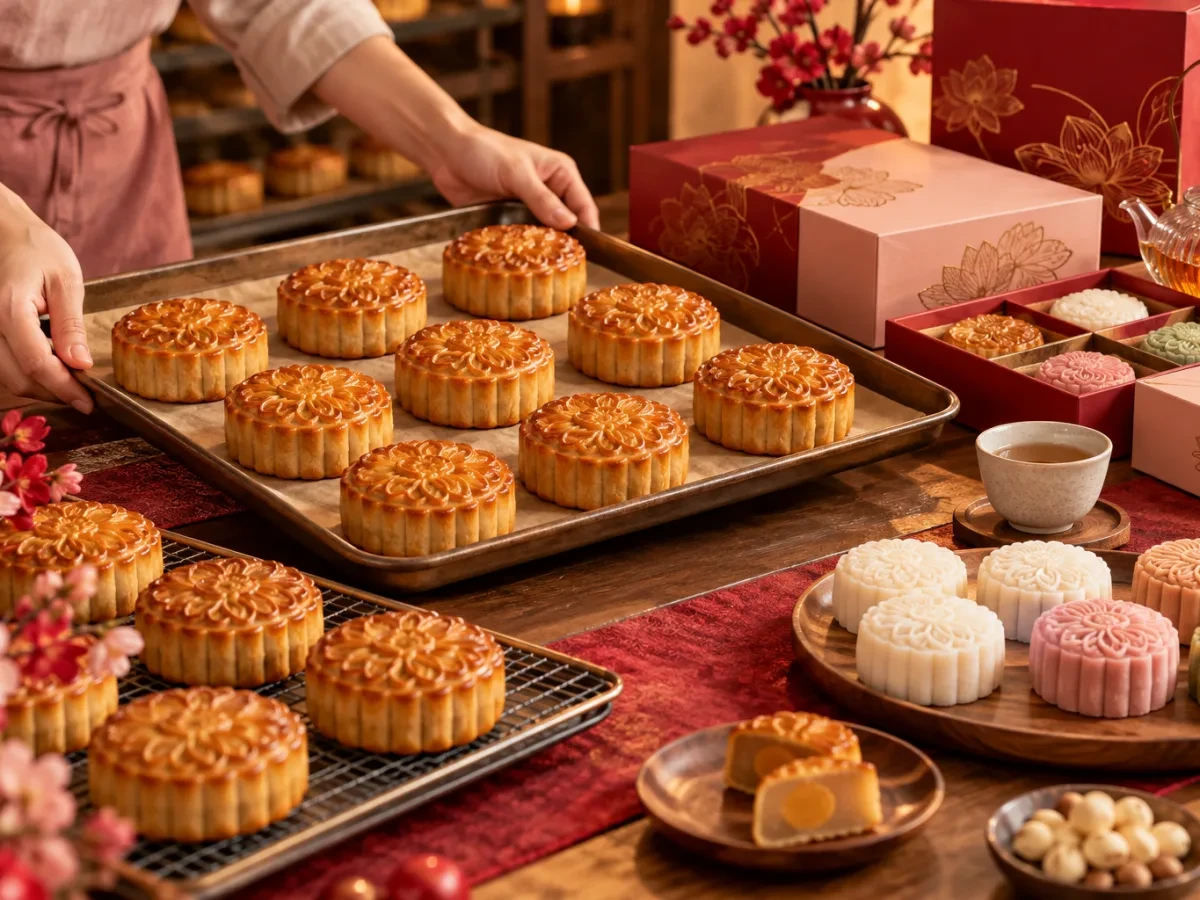 Khay bánh trung thu mới nướng đang nguội