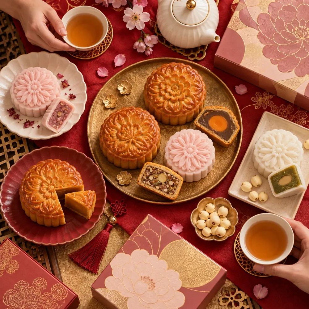 Lát bánh trung thu và tách trà nhìn từ trên xuống