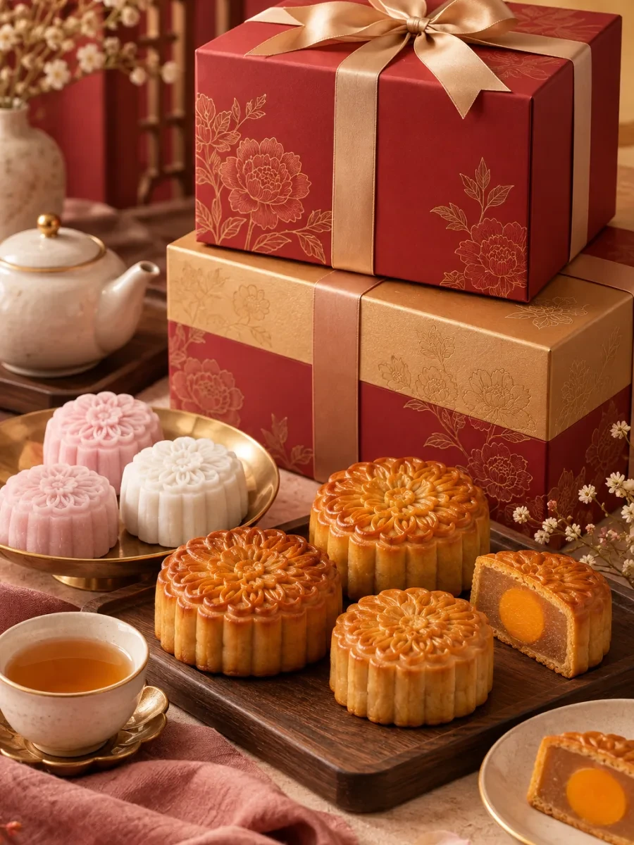 Chồng hộp quà đỏ vàng buộc ruy băng