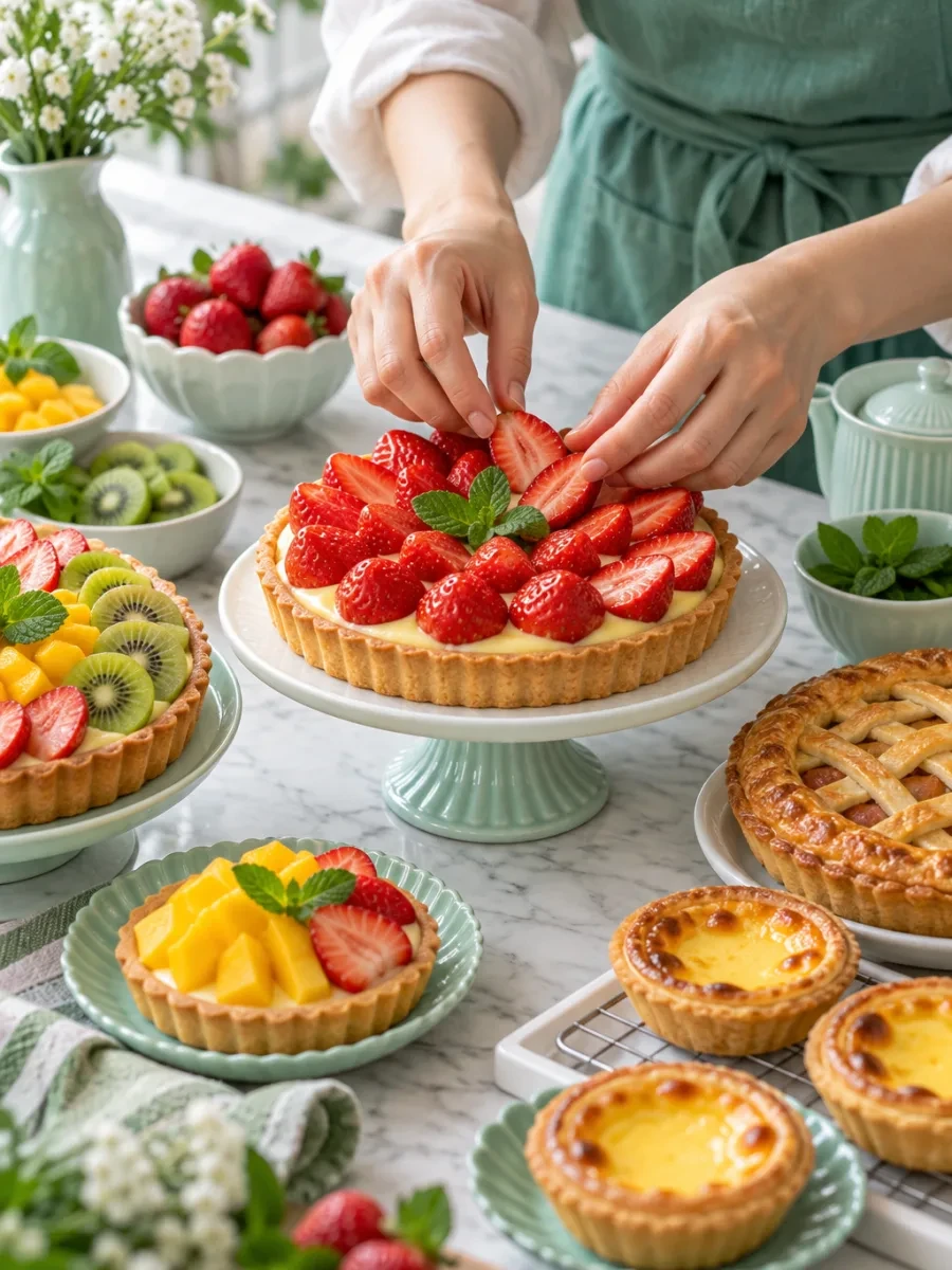 Bàn tay xếp dâu lên tart kem trứng