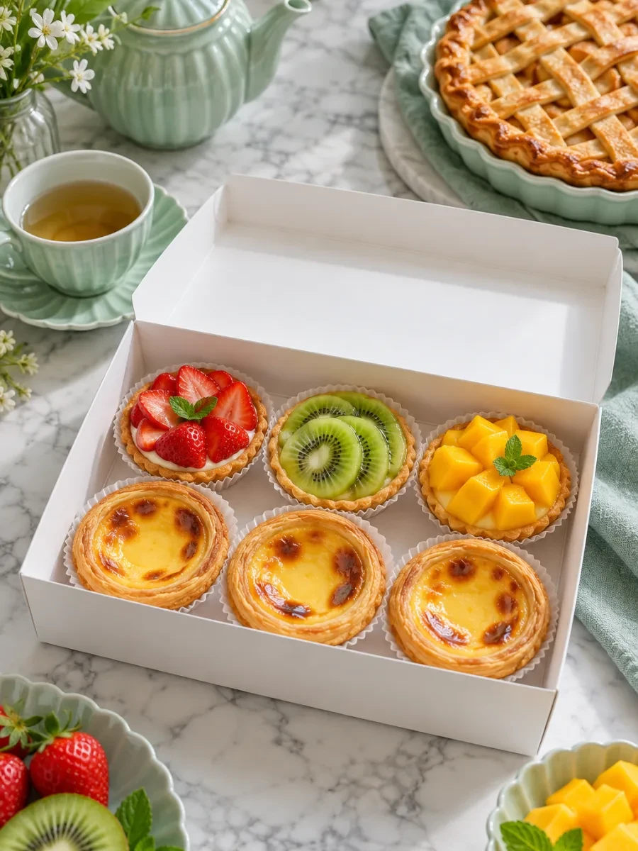 Hộp trắng trơn đựng sáu chiếc tart nhỏ