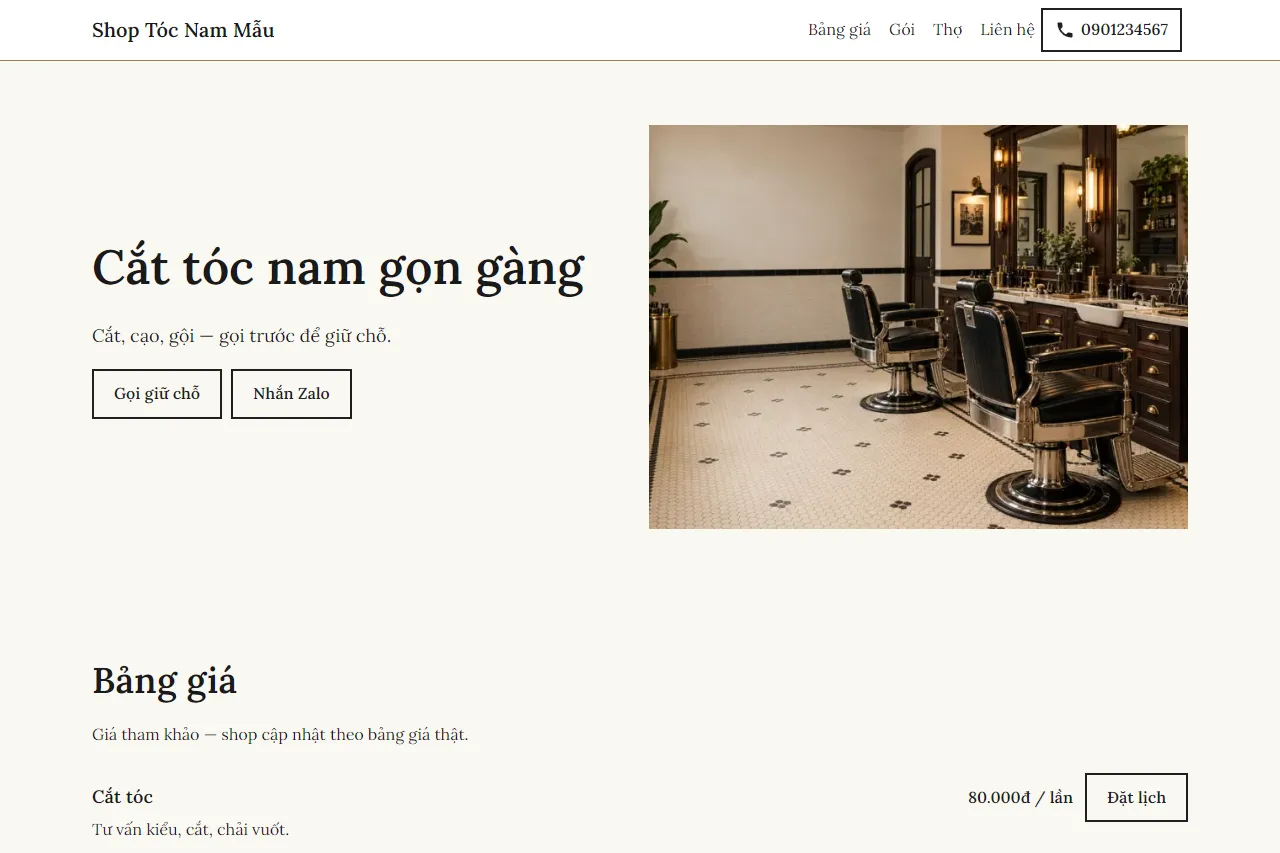 Mẫu Shop tóc nam cổ điển trên máy tính