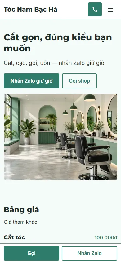 Mẫu Shop tóc nam hiện đại trên điện thoại