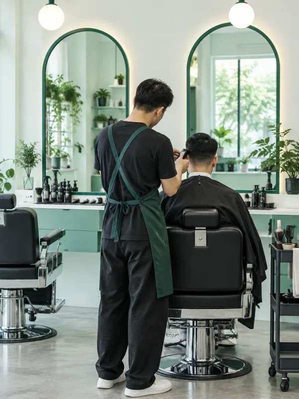 Thợ nhìn từ phía sau đang cắt tóc bằng tông đơ