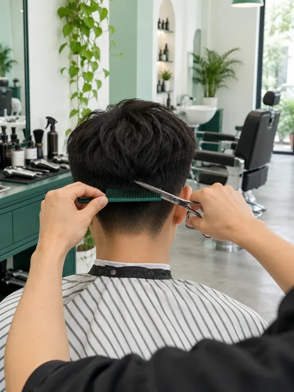 Bàn tay thợ cắt tóc bằng kéo và lược, thấy gáy khách