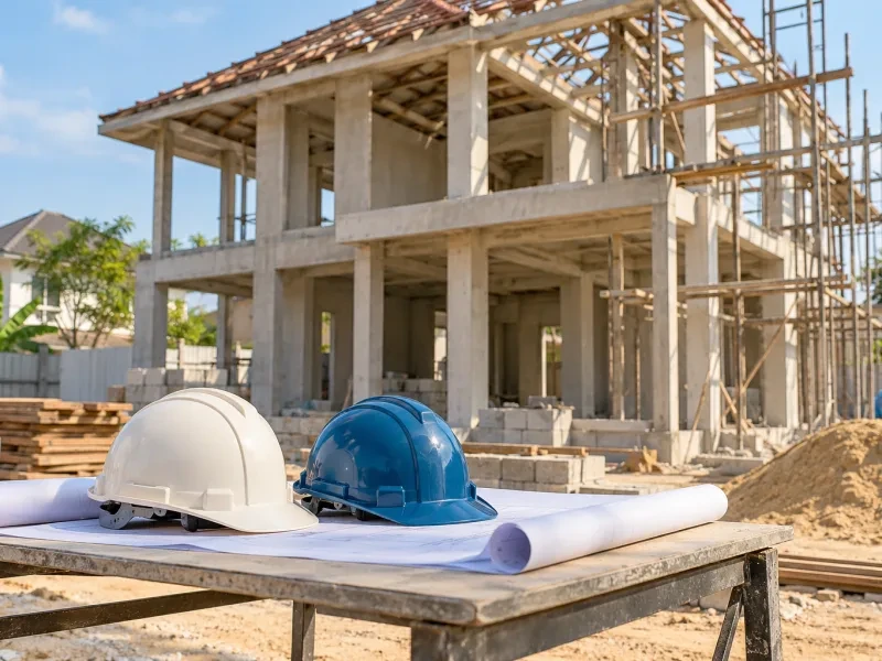 Hai mũ bảo hộ trên bàn cạnh khung nhà