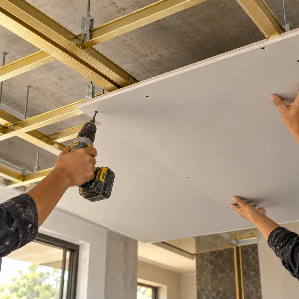 Khung xương trần đang bắt tấm thạch cao, chỉ thấy tay thợ