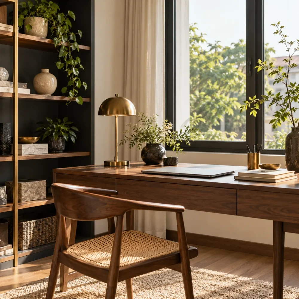 Góc làm việc trong nhà có bàn gỗ, đèn và kệ cạnh cửa sổ